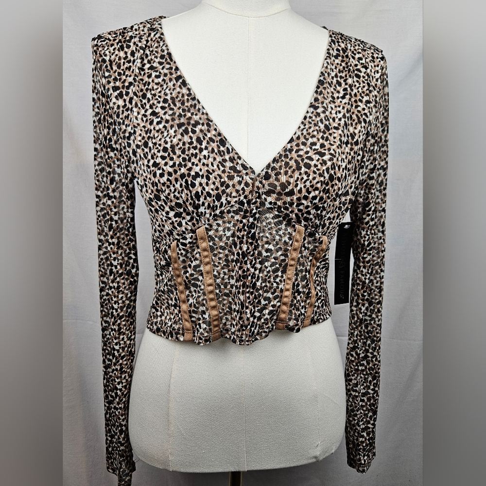Almost Famous Cheetah‎ Print Mesh Corset Crop Top Lg Whimsigoth Coquette D8
